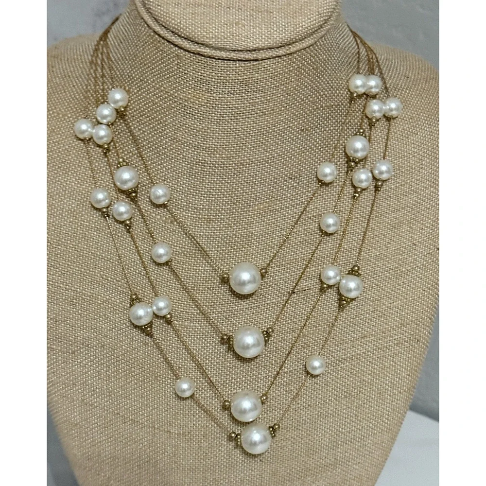 Vintage Gold Tone Faux Pearl Layered Necklace Beauty Necklace Adjustable Chain